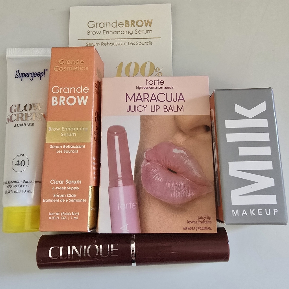 Beauty product bundle including supergoop, grande cosmetics, Tarte, And Milk
